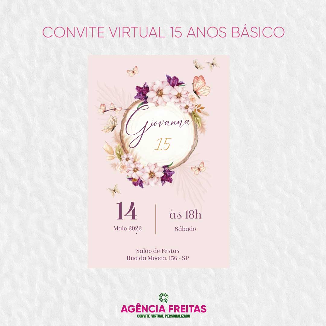 Convite Virtual 15 anos Rosa Floral Borboletas