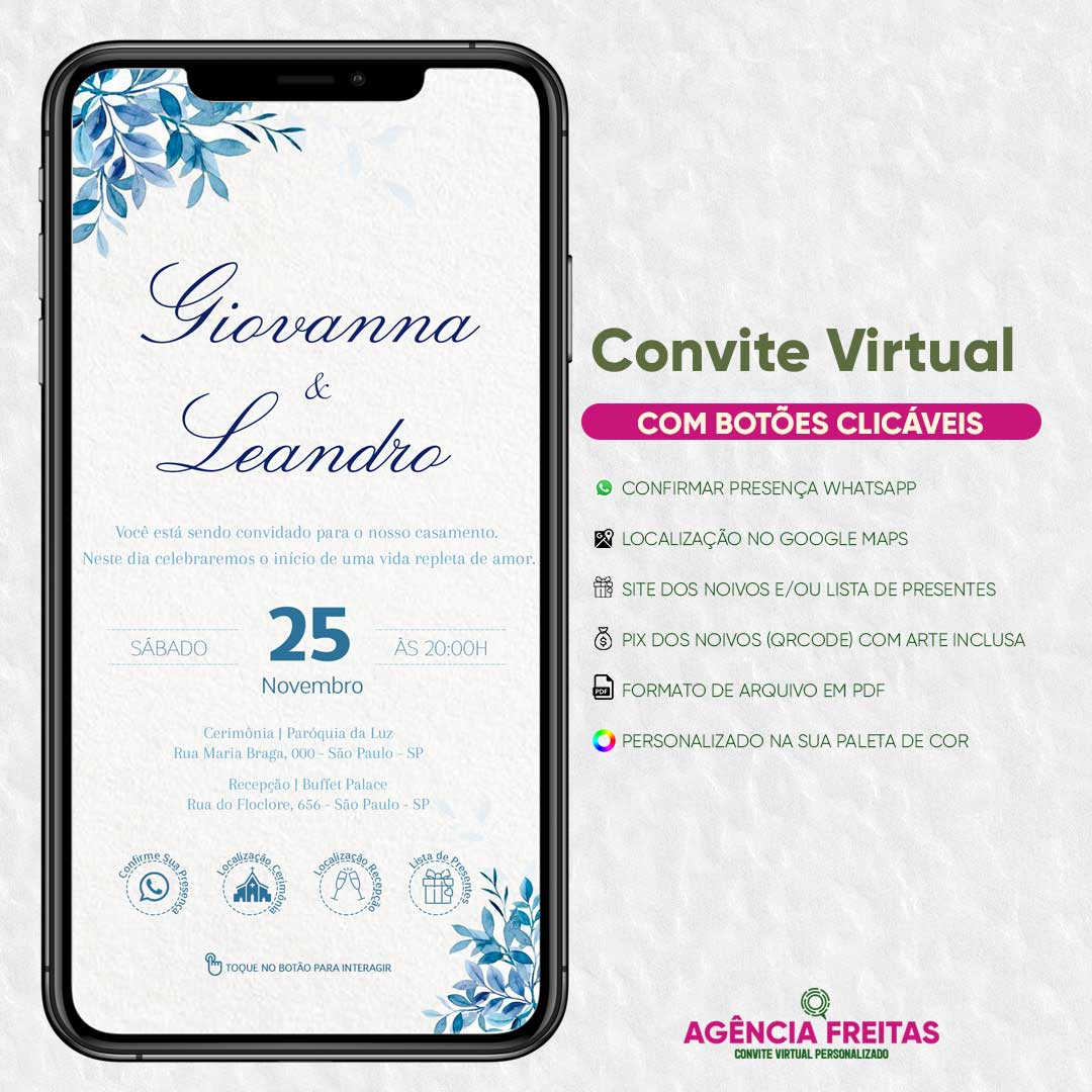 Convite Casamento Virtual Interativo Azul Whatsapp