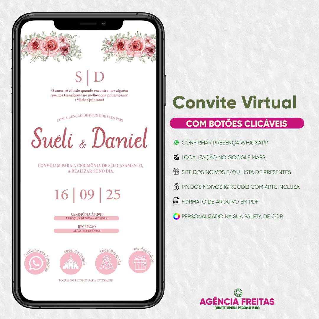 Convite Casamento Virtual Interativo Floral Rosa Whatsapp