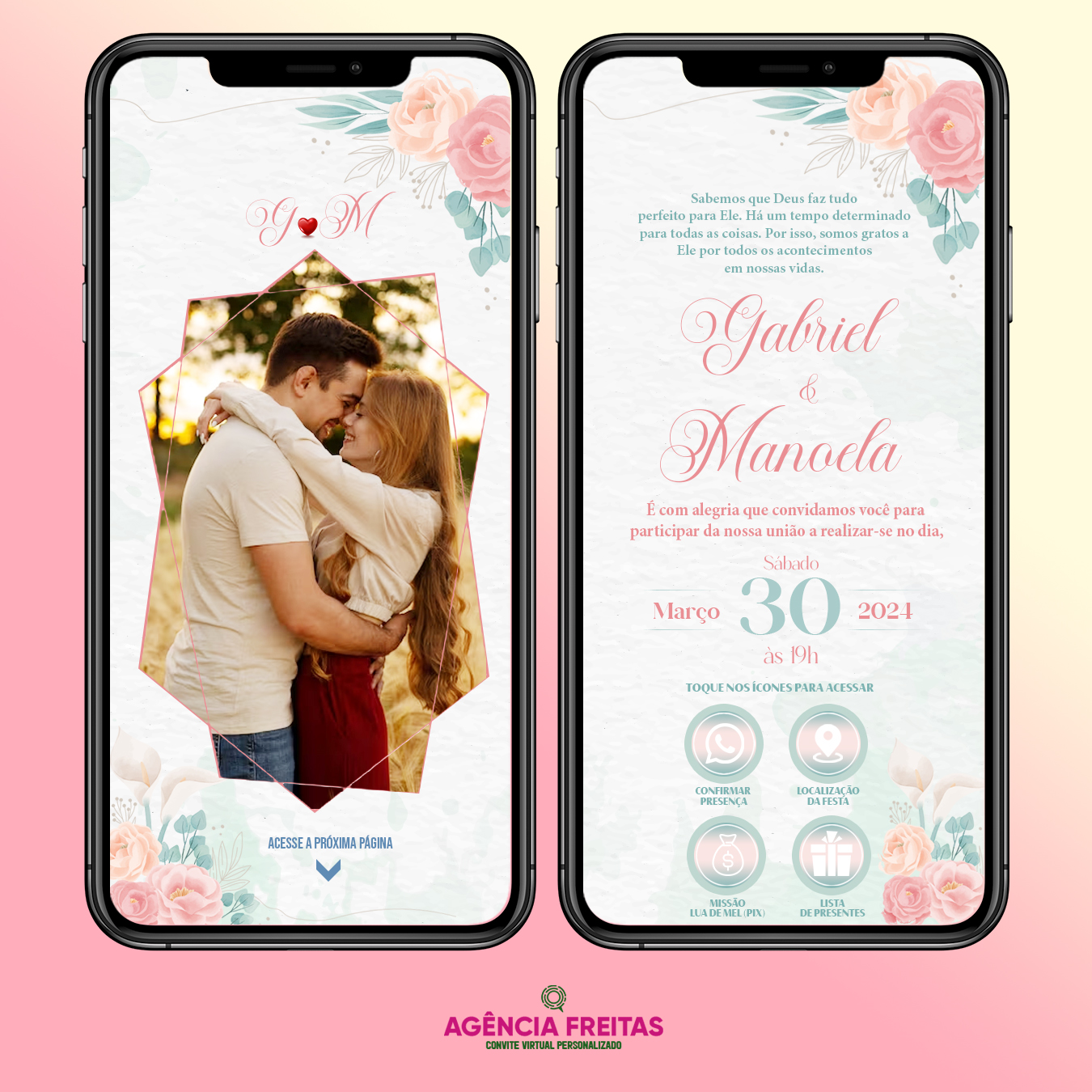 Convite de Casamento Virtual para Whatsapp Interativo Rosé com Foto e 2 Páginas